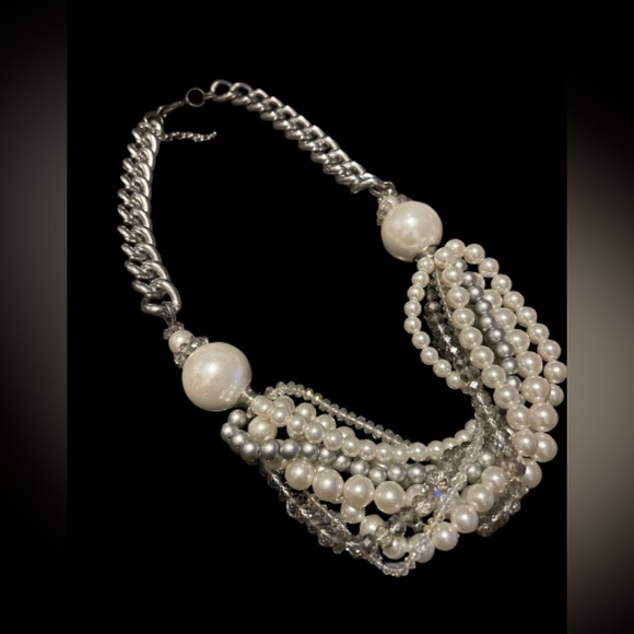 Chunky Faux Pearl, Crystal & Stainless Steel Statement Necklace - Picture 6 of 9